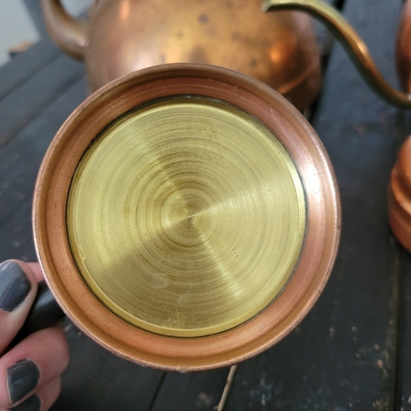 Vintage Copper Tea Pot Wooden Handle Set Water Steamer Measuring Cup - Picture 4 of 16